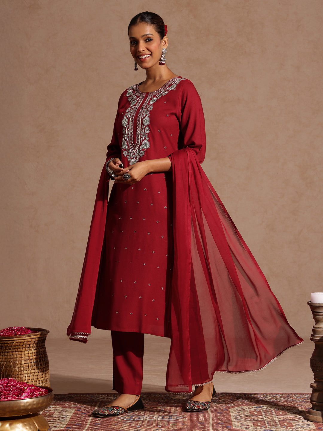 Janasya Women's Maroon Rayon Yoke Embroidered Sequinned Straight Kurta Set With Dupatta