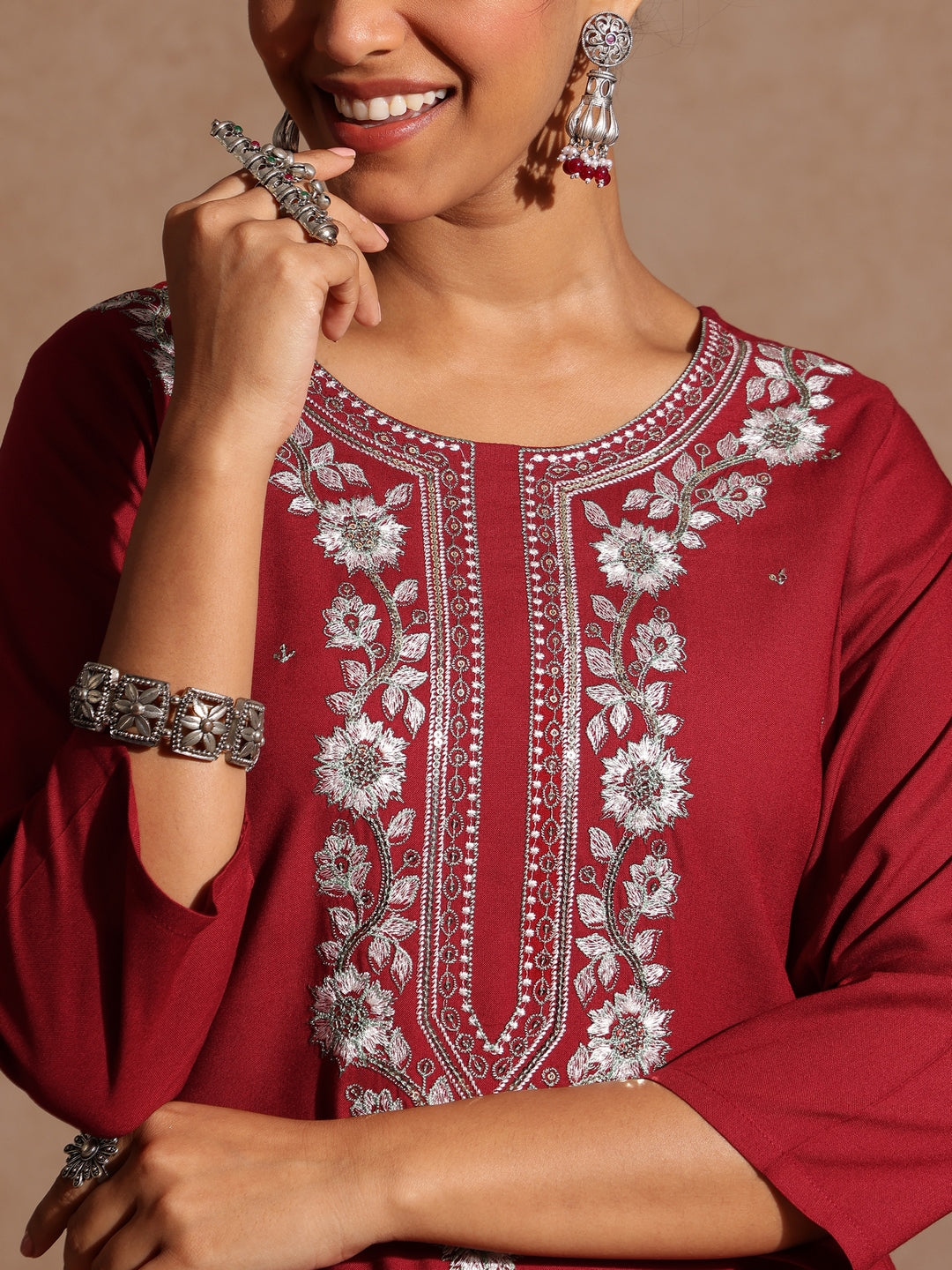 Janasya Women's Maroon Rayon Yoke Embroidered Sequinned Straight Kurta Set With Dupatta