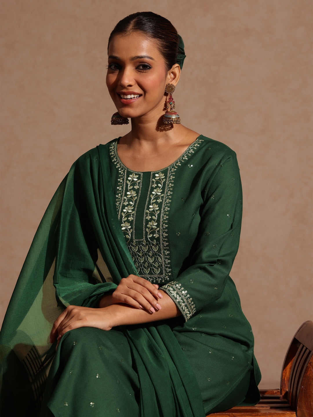 Janasya Women's Maroon Rayon Yoke Embroidered Sequinned Straight Kurta Set With Dupatta