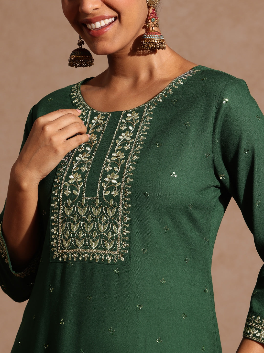 Janasya Women's Maroon Rayon Yoke Embroidered Sequinned Straight Kurta Set With Dupatta