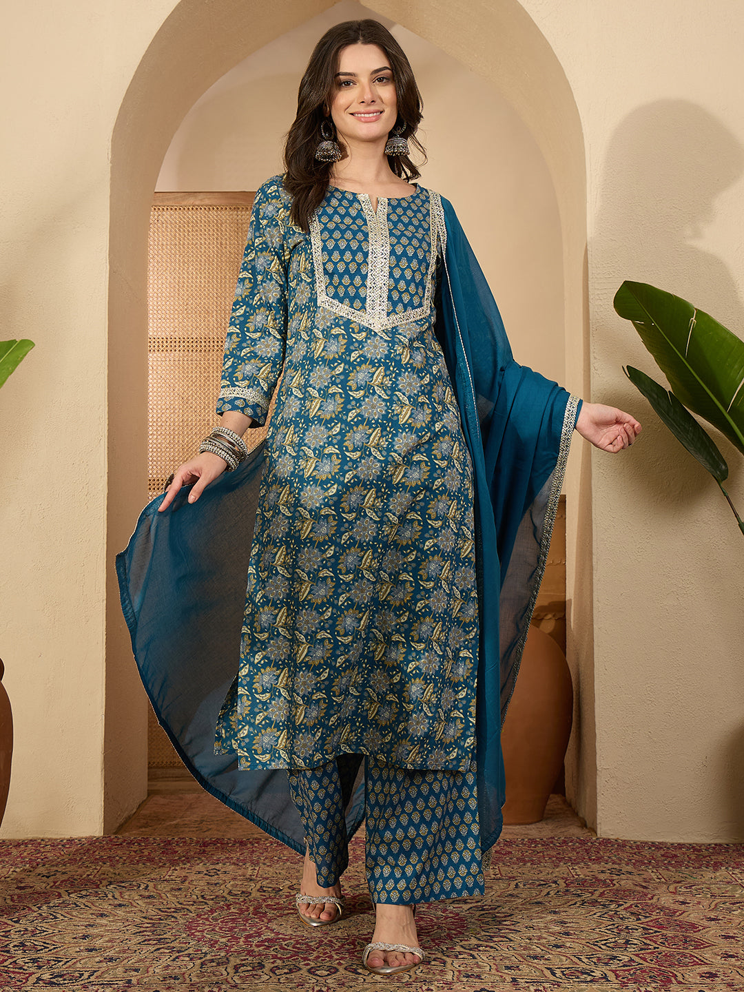 Janasya Women's Teal Blue Pure Cotton Yoke Design Floral Printed Straight Kurta Set