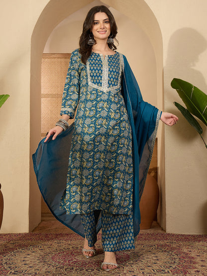 Janasya Women's Teal Blue Pure Cotton Yoke Design Floral Printed Straight Kurta Set