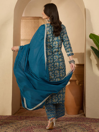 Janasya Women's Teal Blue Pure Cotton Yoke Design Floral Printed Straight Kurta Set