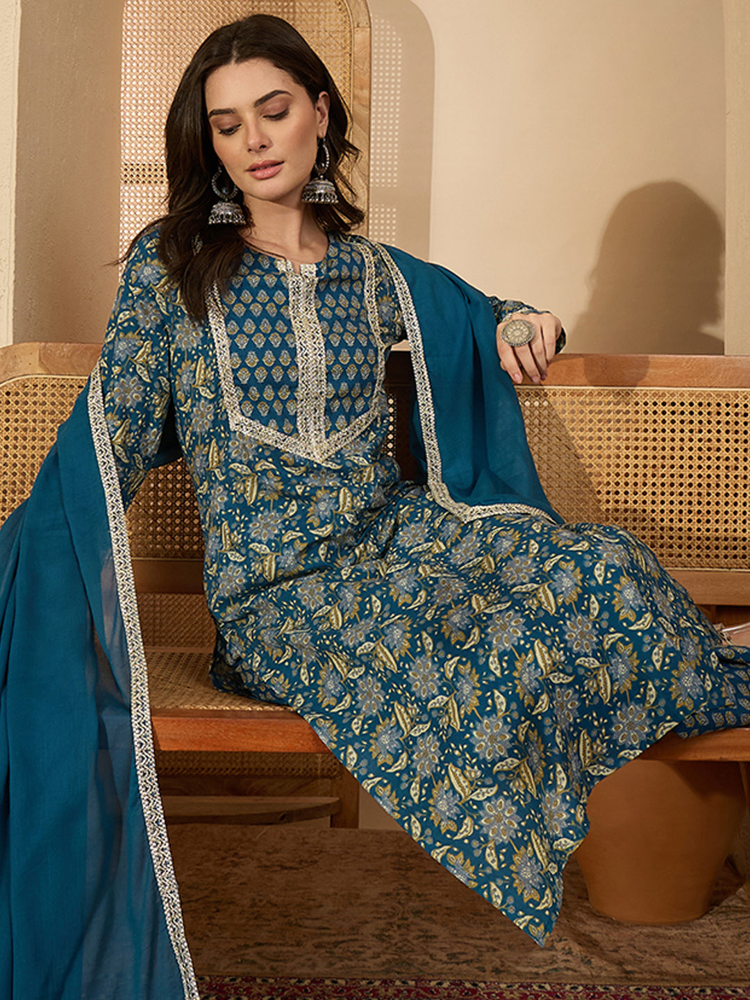Janasya Women's Teal Blue Pure Cotton Yoke Design Floral Printed Straight Kurta Set