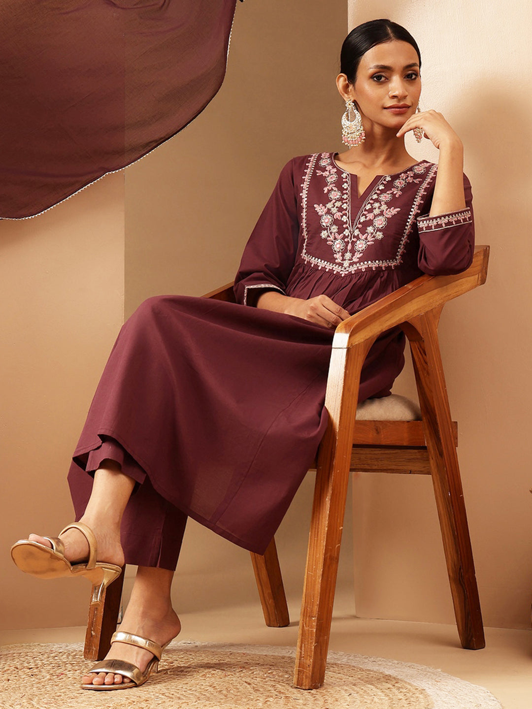 Janasya Women's Bungundy Pure Cotton Yoke Embroidered A-line Kurta Set