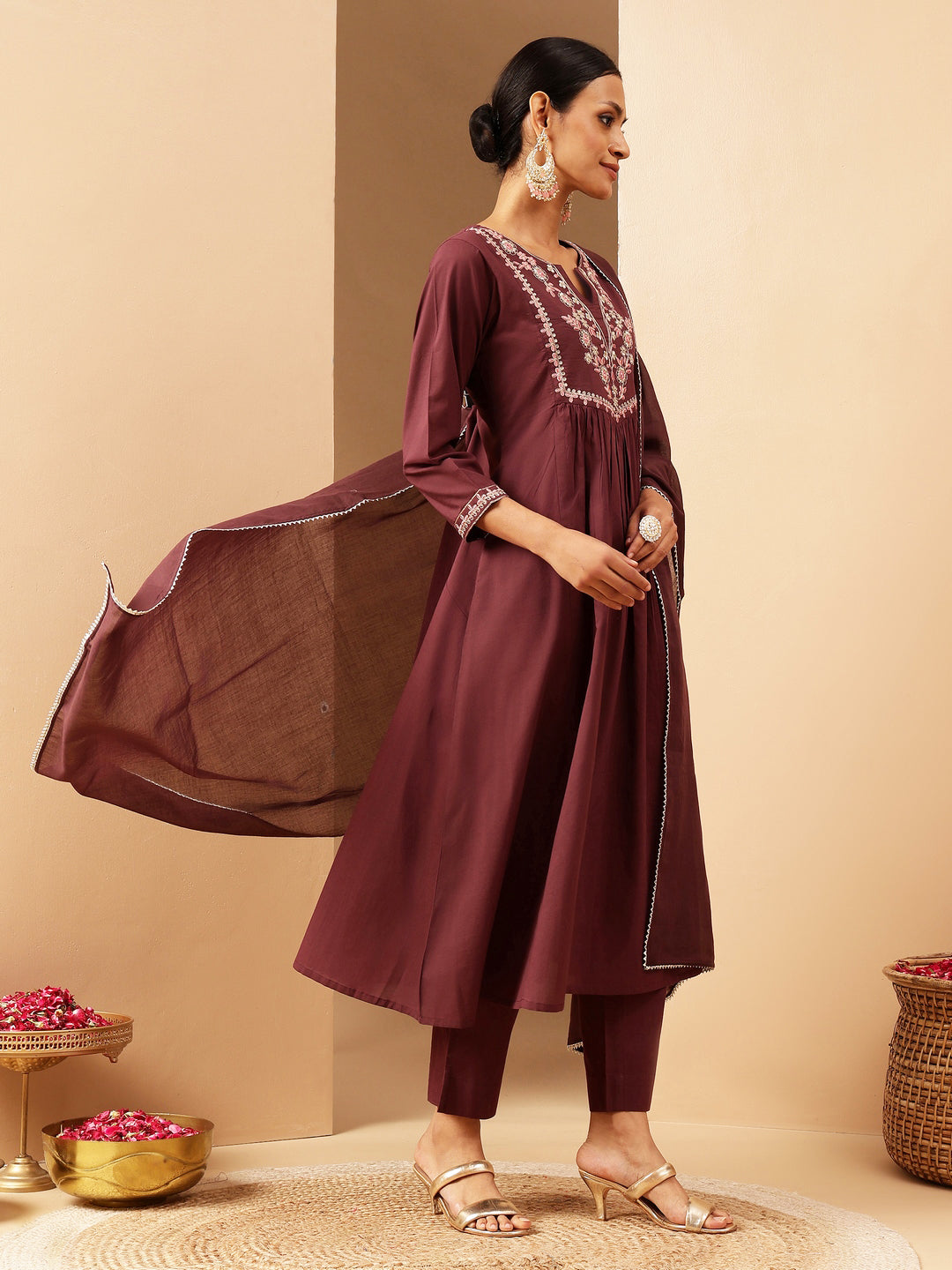 Janasya Women's Bungundy Pure Cotton Yoke Embroidered A-line Kurta Set