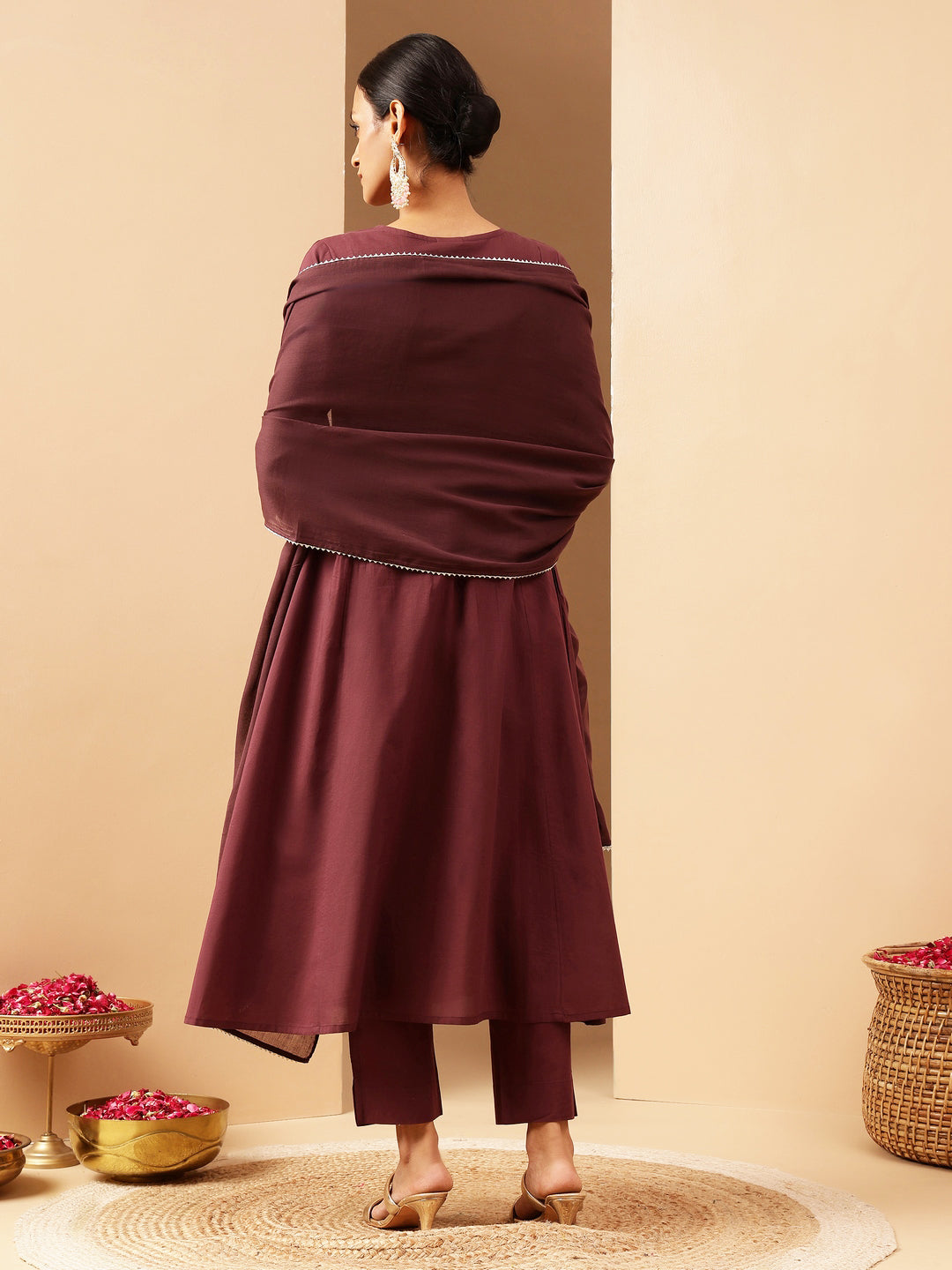 Janasya Women's Bungundy Pure Cotton Yoke Embroidered A-line Kurta Set