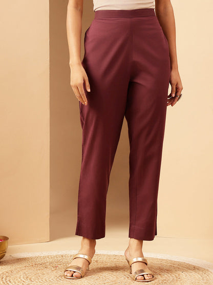 Janasya Women's Bungundy Pure Cotton Yoke Embroidered A-line Kurta Set