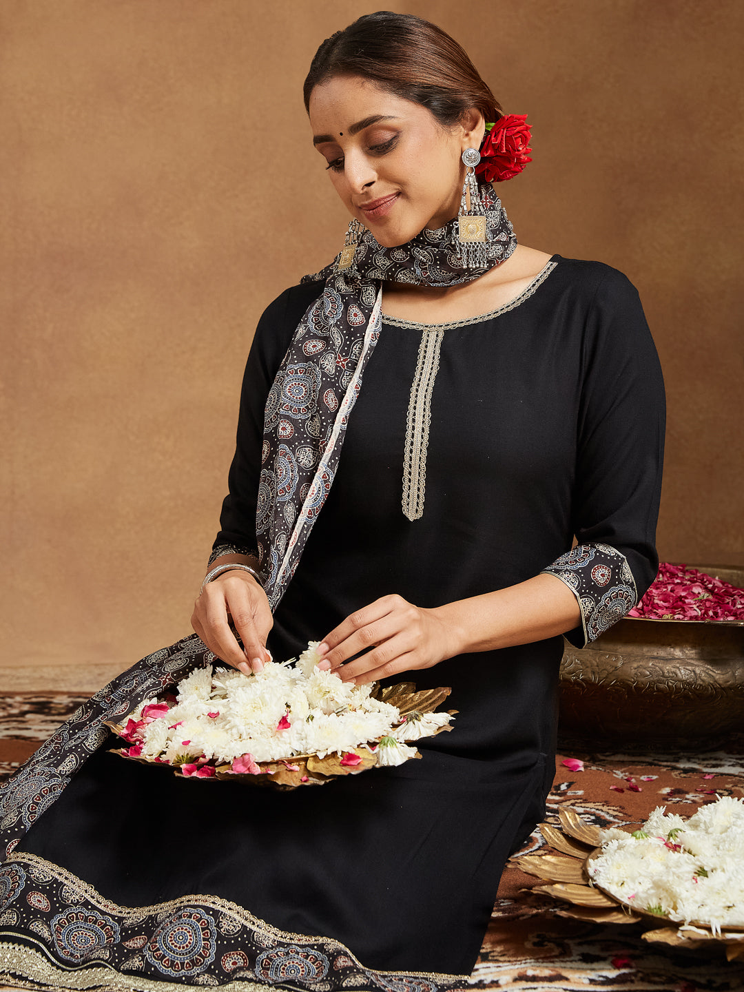 Janasya Women's Black Rayon Ajrakh Printed Straight Kurta Set