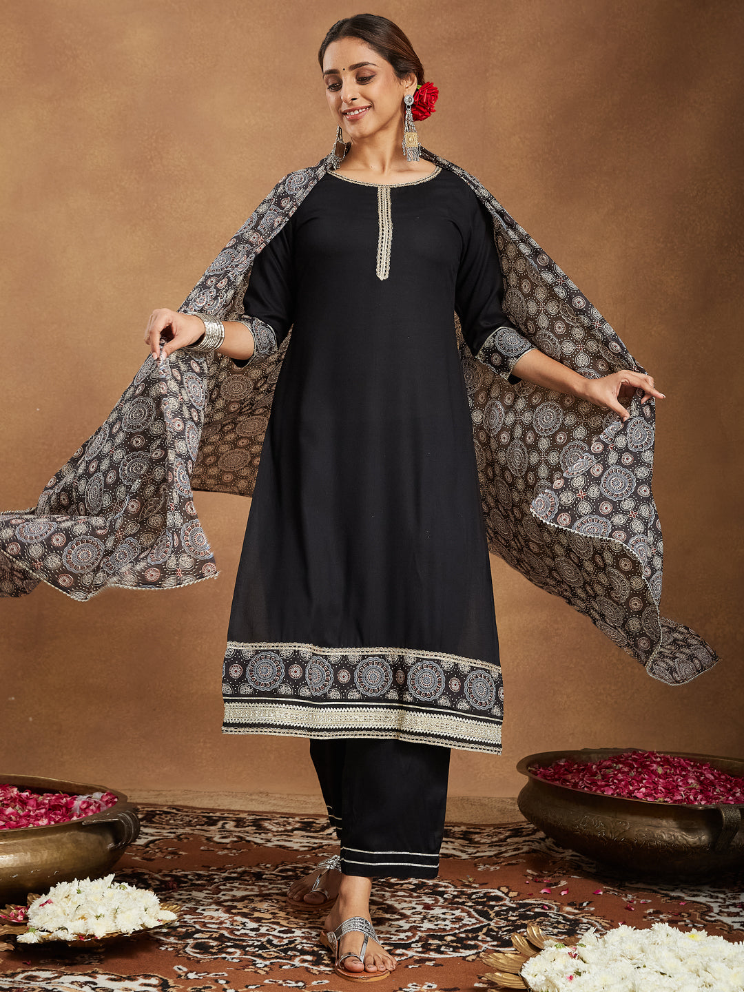 Janasya Women's Black Rayon Ajrakh Printed Straight Kurta Set