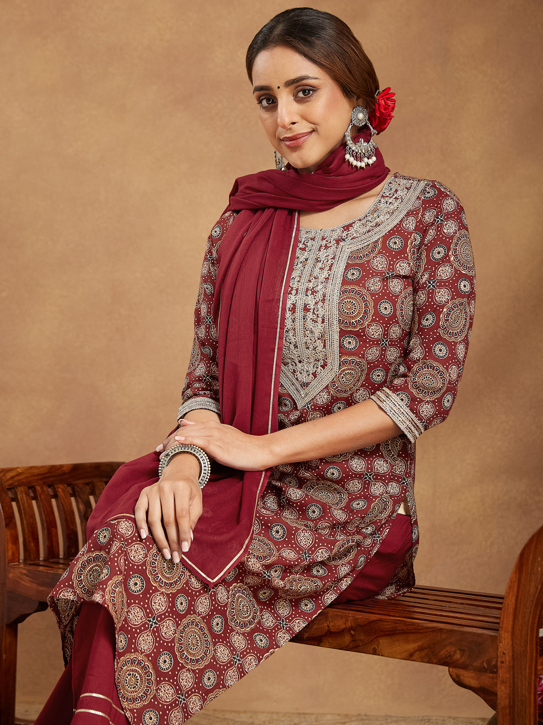 Janasya Women's Maroon Pure Cotton Ethnic Motifs Printed Straight Kurta Set