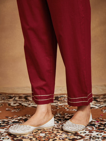 Janasya Women's Maroon Pure Cotton Ethnic Motifs Printed Straight Kurta Set