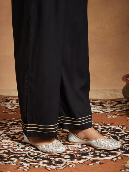 Janasya Women's Black Pure Cotton Ajrakh Printed Straight Kurta Set