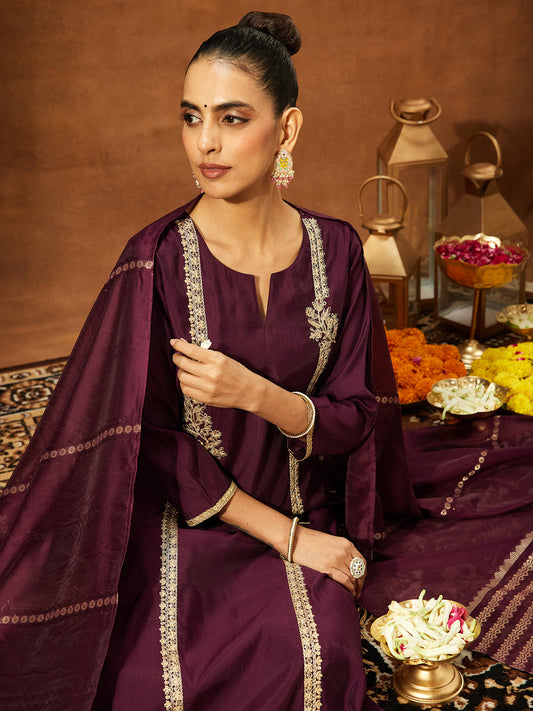 Janasya Women's Wine Chanderi Silk Embroidered Straight Kurta Set