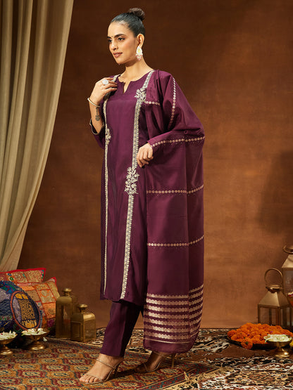 Janasya Women's Wine Chanderi Silk Embroidered Straight Kurta Set