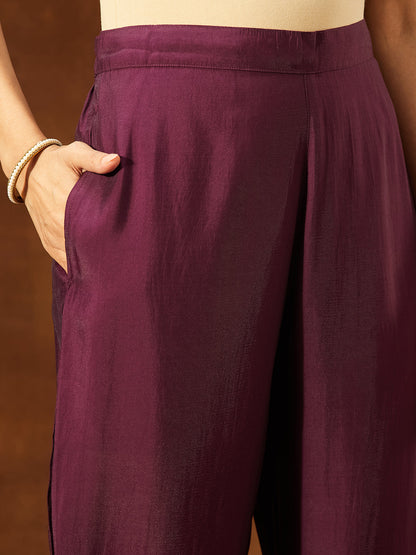 Janasya Women's Wine Chanderi Silk Embroidered Straight Kurta Set