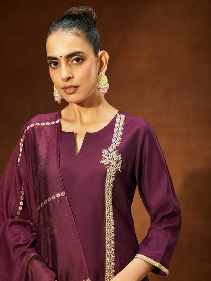 Janasya Women's Wine Chanderi Silk Embroidered Straight Kurta Set