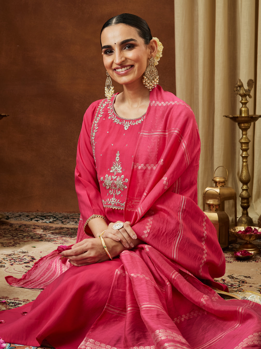 Janasya Women's Pink Chanderi Silk Zari Yoke Embroidered Straight Kurta Set