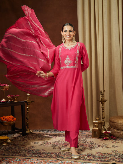 Janasya Women's Pink Chanderi Silk Zari Yoke Embroidered Straight Kurta Set