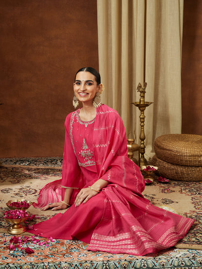 Janasya Women's Pink Chanderi Silk Zari Yoke Embroidered Straight Kurta Set