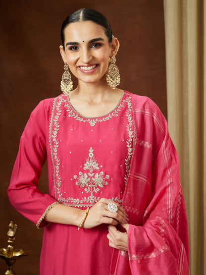 Janasya Women's Pink Chanderi Silk Zari Yoke Embroidered Straight Kurta Set