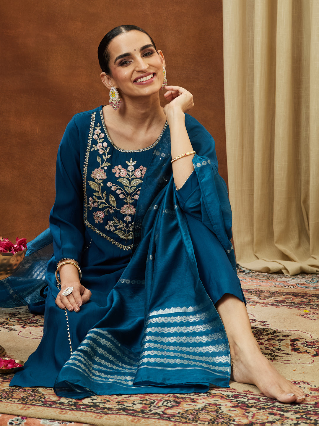 Janasya Women's Teal Blue Chanderi Silk Yoke Embroidered Straight Kurta Set