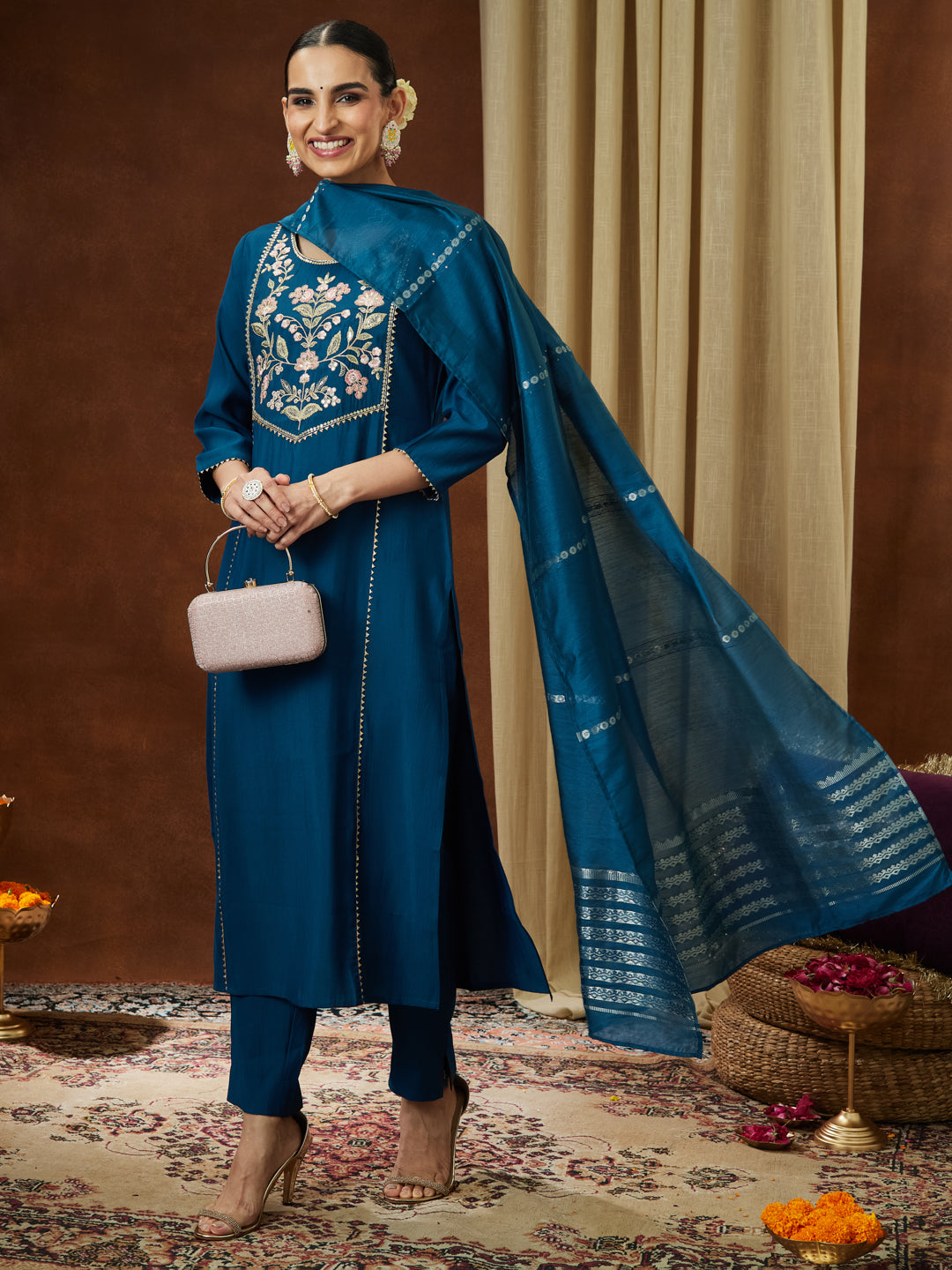 Janasya Women's Teal Blue Chanderi Silk Yoke Embroidered Straight Kurta Set