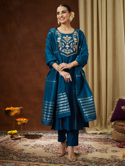 Janasya Women's Teal Blue Chanderi Silk Yoke Embroidered Straight Kurta Set