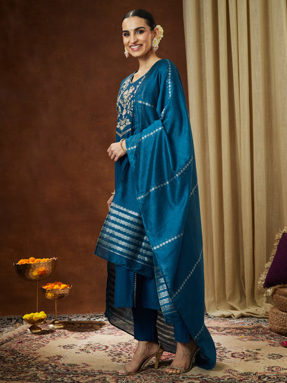 Janasya Women's Teal Blue Chanderi Silk Yoke Embroidered Straight Kurta Set