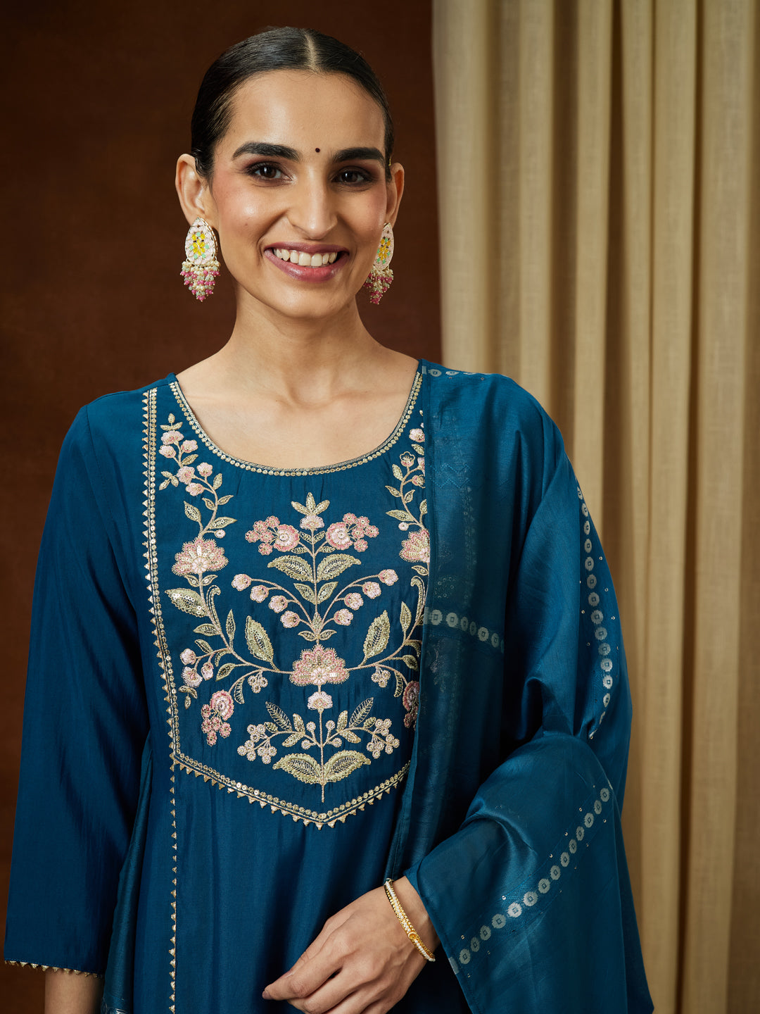 Janasya Women's Teal Blue Chanderi Silk Yoke Embroidered Straight Kurta Set