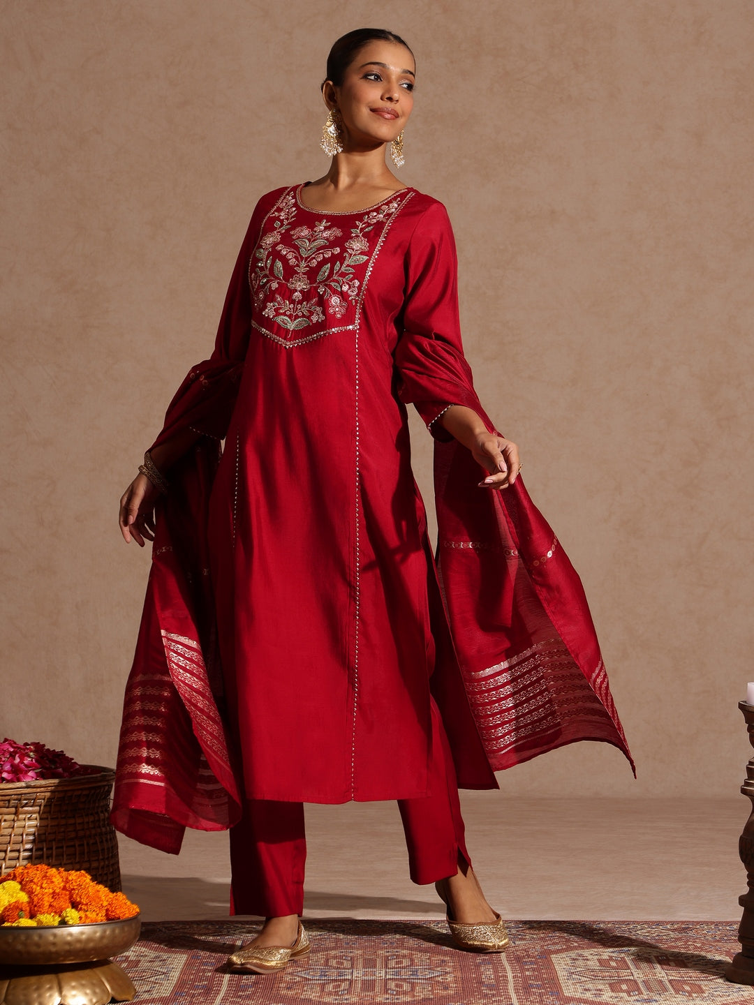 Janasya Women's Maroon Chanderi Silk Zari Yoke Embroidered Straight Kurta Set