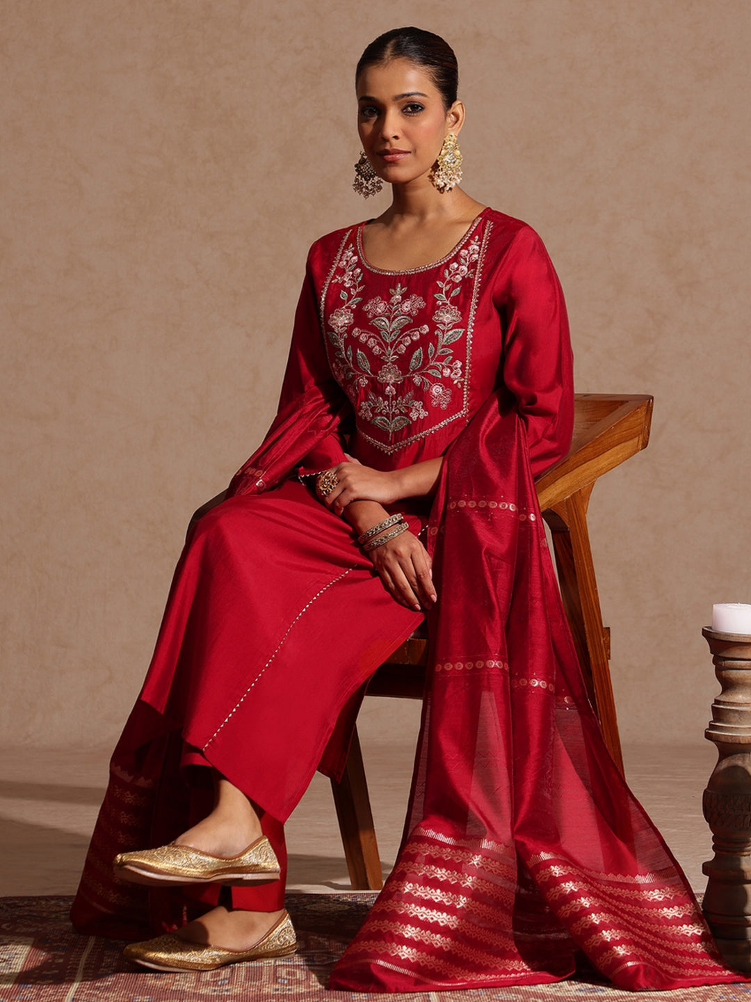 Janasya Women's Maroon Chanderi Silk Zari Yoke Embroidered Straight Kurta Set