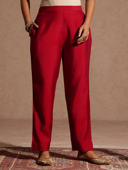 Janasya Women's Maroon Chanderi Silk Zari Yoke Embroidered Straight Kurta Set