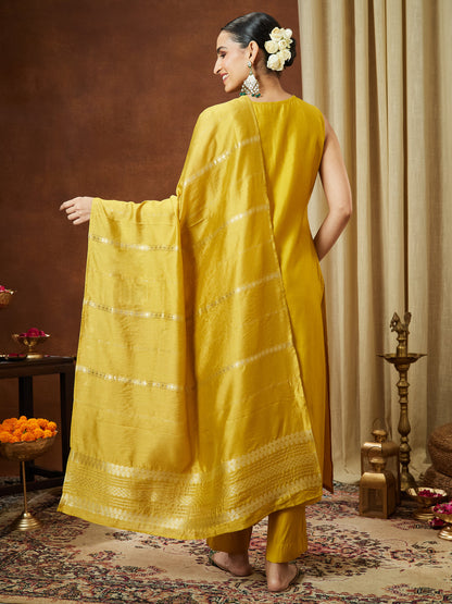 Janasya Women's Mustard Chanderi Silk Yoke Embroidered Straight Kurta Set