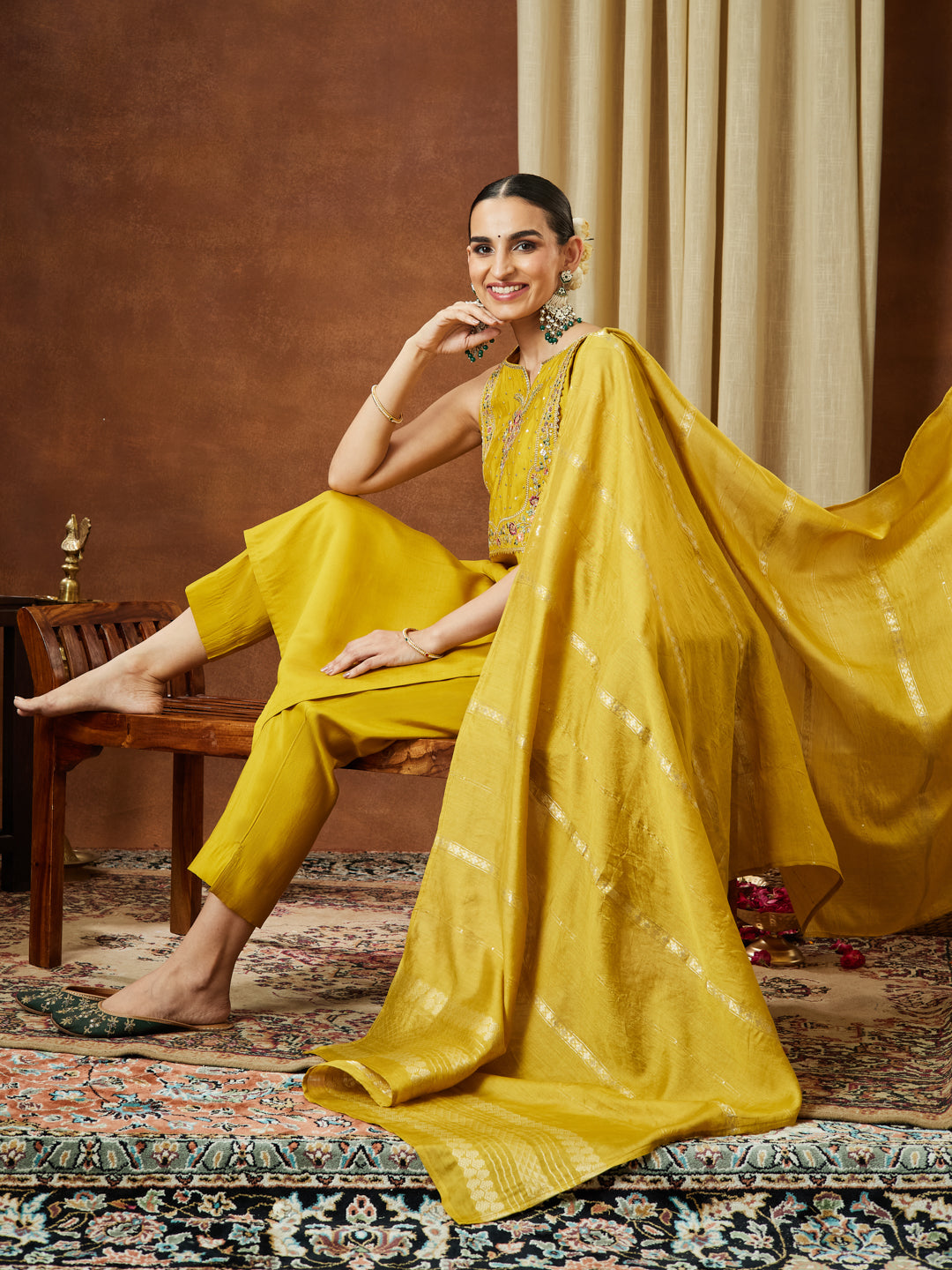 Janasya Women's Mustard Chanderi Silk Yoke Embroidered Straight Kurta Set