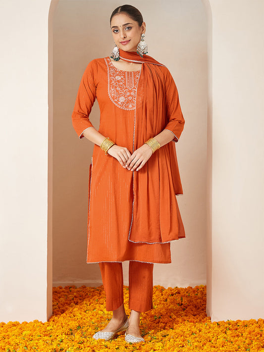 Janasya Women's Orange Pure Cotton Embellished Yoke Design Straight Kurta Set