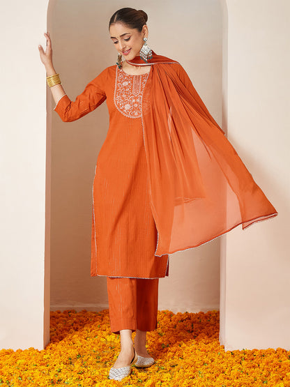 Janasya Women's Orange Pure Cotton Embellished Yoke Design Straight Kurta Set