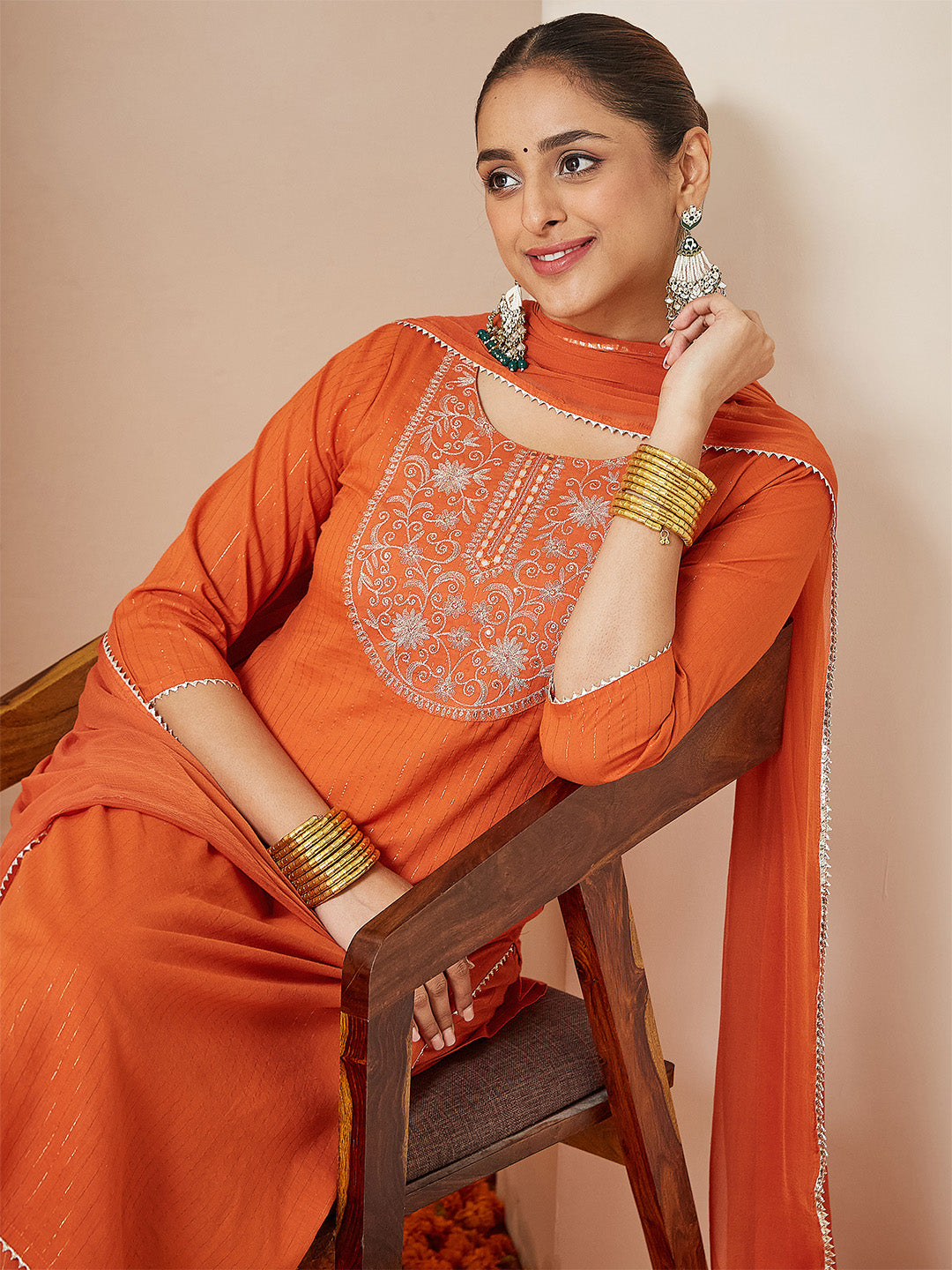 Janasya Women's Orange Pure Cotton Embellished Yoke Design Straight Kurta Set