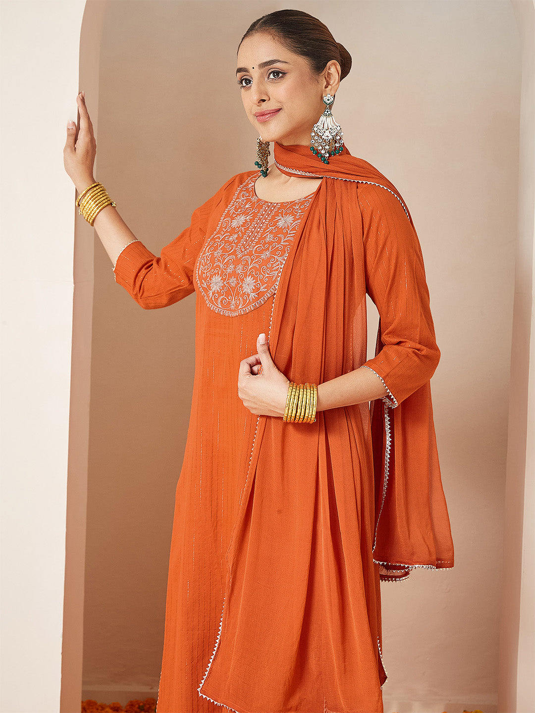 Janasya Women's Orange Pure Cotton Embellished Yoke Design Straight Kurta Set