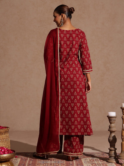 Janasya Women's Maroon Pure Cotton Floral Printed A-line Kurta With Palazzo & Dupatta Set