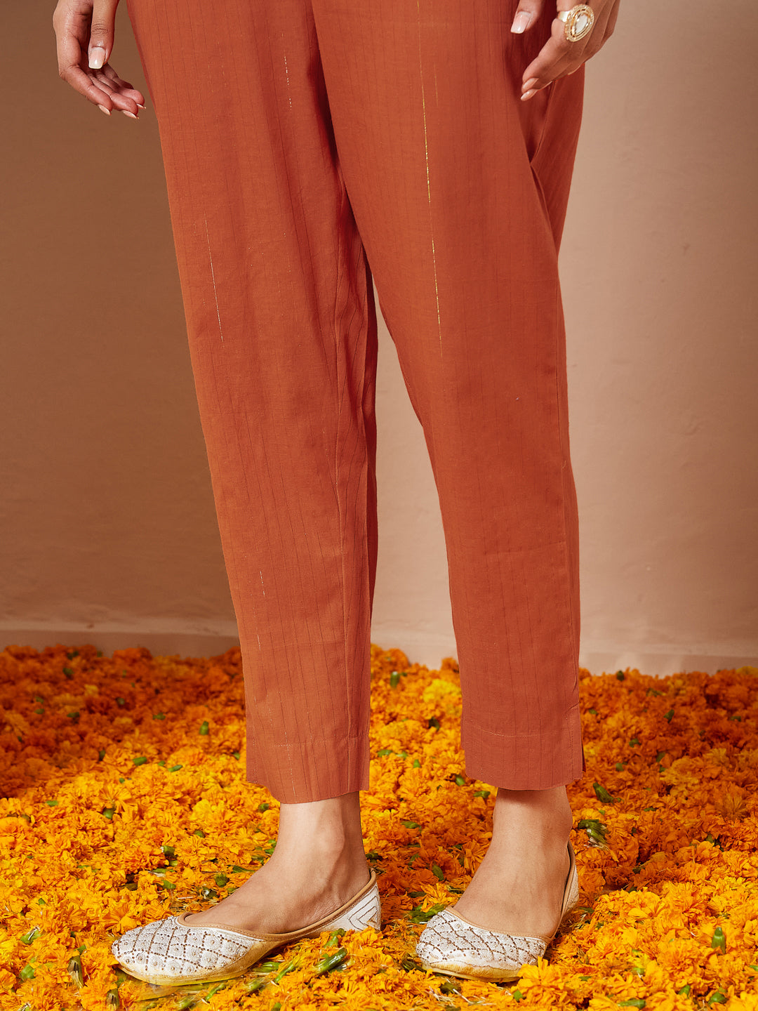 Janasya Women's Orange Pure Cotton Embroidered A-line Kurta Set