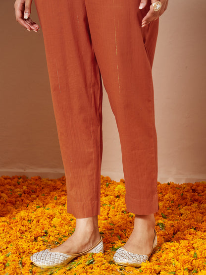 Janasya Women's Orange Pure Cotton Embroidered A-line Kurta Set