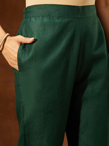 Janasya Women's Dark Green Cotton Blend Yoke Design Straight Kurta Set With Printed Dupatta