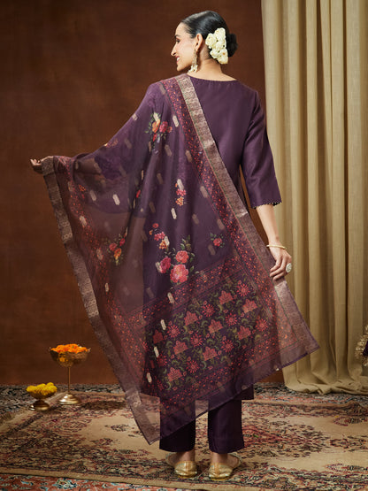 Janasya Women's Wine Cotton Blend Solid Straight Kurta Set With Printed Dupatta