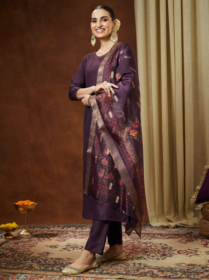 Janasya Women's Wine Cotton Blend Solid Straight Kurta Set With Printed Dupatta
