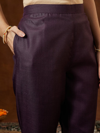 Janasya Women's Wine Cotton Blend Solid Straight Kurta Set With Printed Dupatta