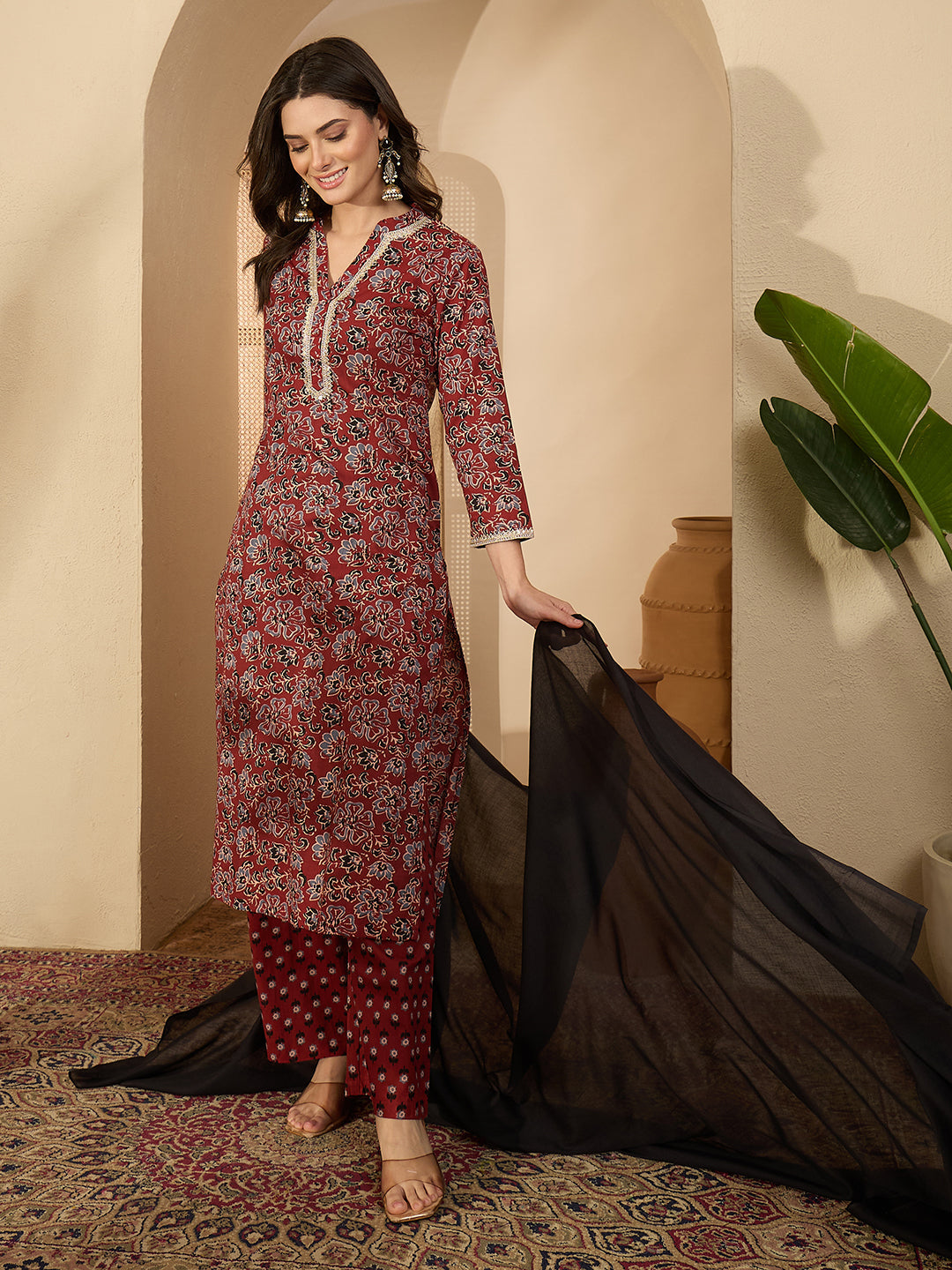 Janasya Women's Maroon Pure Cotton Floral Printed Straight Kurta Set