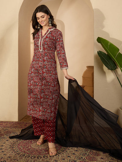 Janasya Women's Maroon Pure Cotton Floral Printed Straight Kurta Set