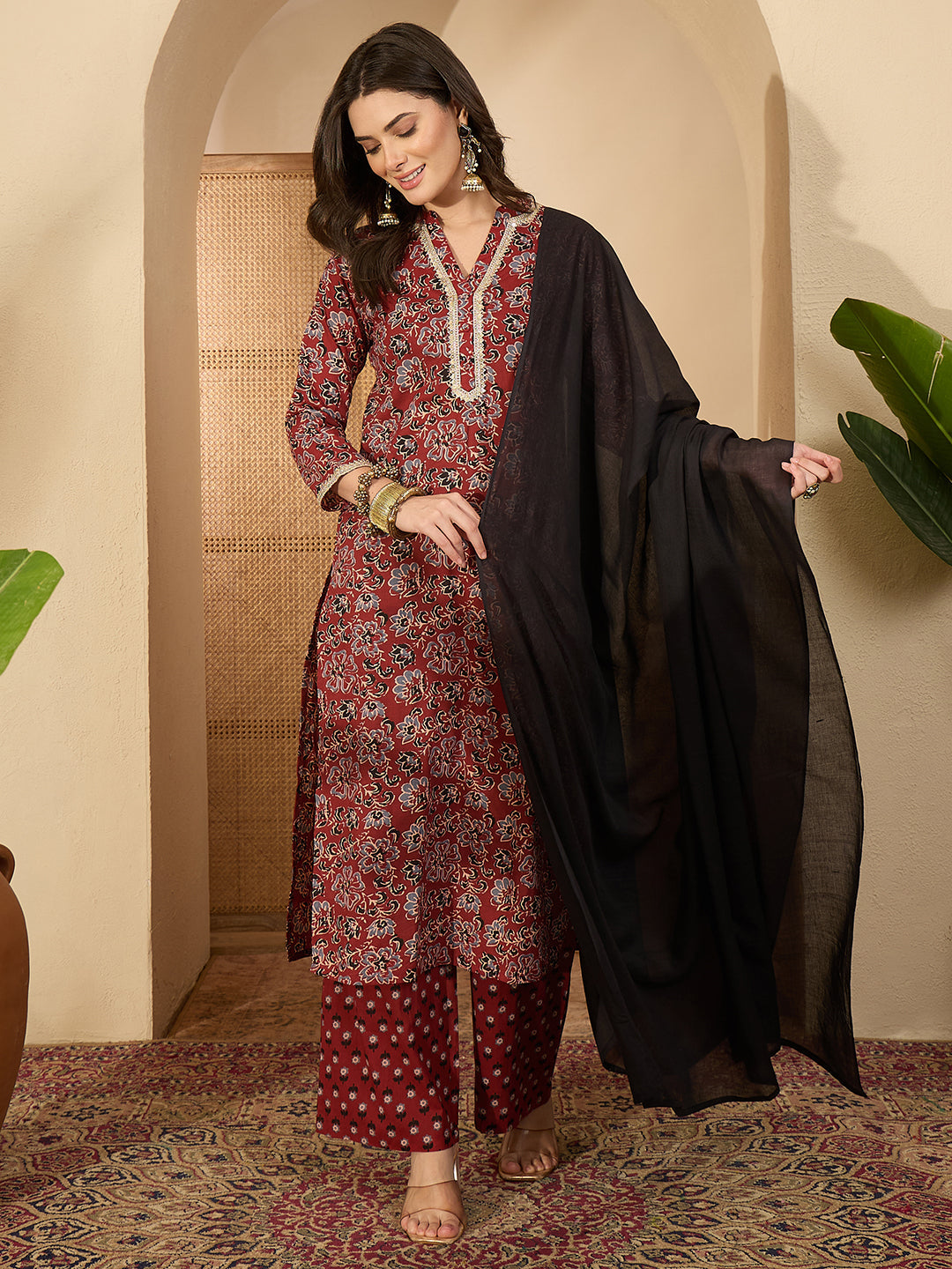 Janasya Women's Maroon Pure Cotton Floral Printed Straight Kurta Set