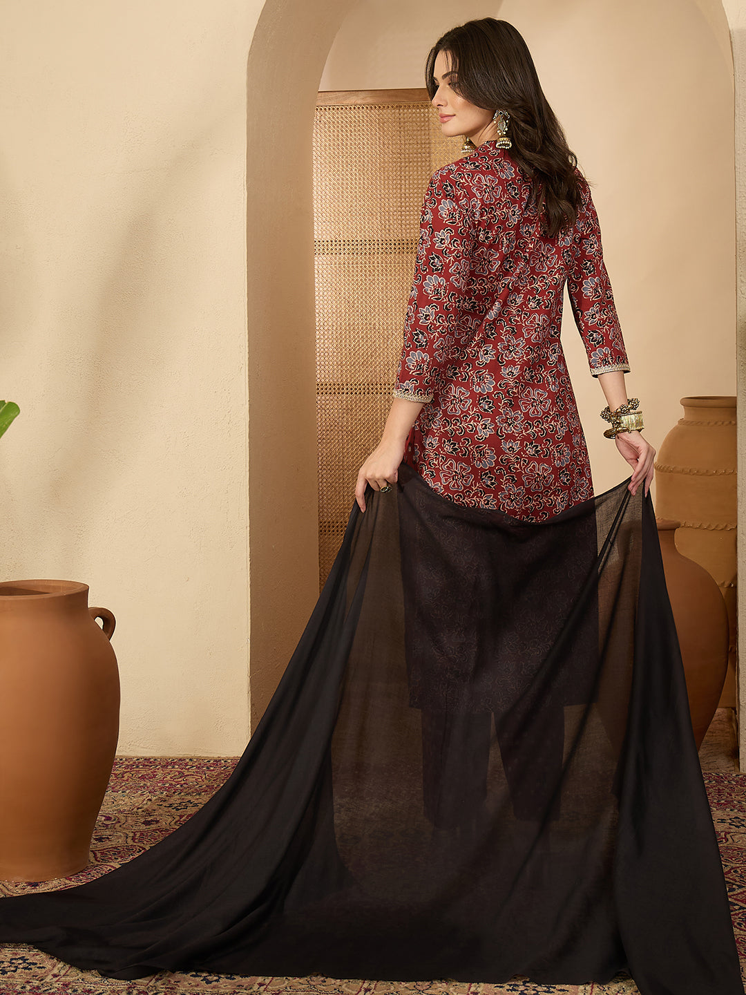 Janasya Women's Maroon Pure Cotton Floral Printed Straight Kurta Set